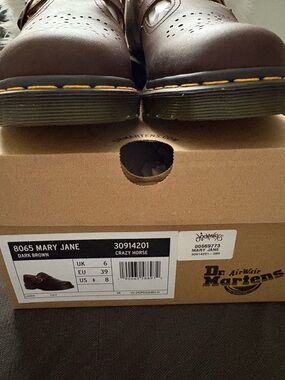 Dr. Martens 8065 Mary Jane Loafers in Dark Brown with Yellow Stitching